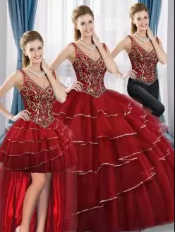 Flare Beading and Ruffled Layers Sweet 16 Dress Red Lace Up Sleeveless Floor Length