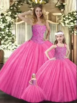 Glorious Hot Pink Lace Up Sweetheart Beading Quinceanera Gowns Tulle Sleeveless