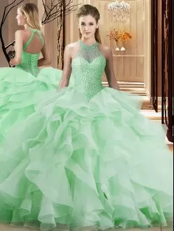 Sleeveless Organza Brush Train Lace Up 15th Birthday Dress in Apple Green with Beading and Ruffles