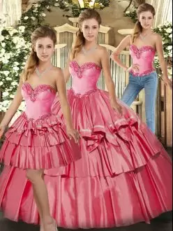 Three Pieces Quinceanera Gown Watermelon Red Sweetheart Organza Sleeveless Floor Length Lace Up