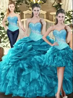 Teal Tulle Lace Up Sweetheart Sleeveless Floor Length Sweet 16 Quinceanera Dress Beading and Ruffles