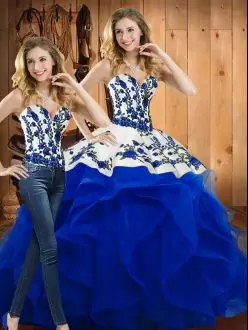 Dramatic Embroidery and Ruffles Ball Gown Prom Dress Blue Lace Up Sleeveless Floor Length
