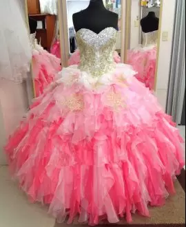 Multi-color Organza Lace Up Sweetheart Sleeveless Floor Length Quince Ball Gowns Beading and Ruffles