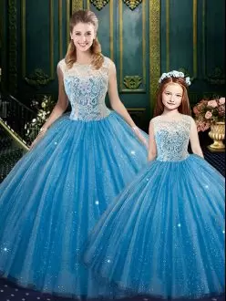 Graceful Floor Length Baby Blue Quinceanera Gowns Tulle Sleeveless Lace