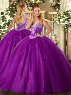 Purple Quinceanera Dress Military Ball and Sweet 16 and Quinceanera with Beading Straps Sleeveless Lace Up