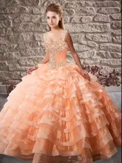 Sleeveless Straps Court Train Lace Up Beading and Ruffled Layers Quinceanera Dress Straps
