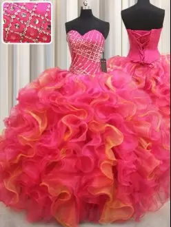 Exquisite Sleeveless Organza Floor Length Lace Up Quinceanera Gown in Multi-color with Beading and Ruffles