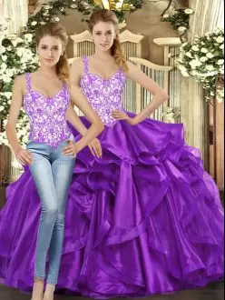 Gorgeous Straps Sleeveless Quince Ball Gowns Floor Length Beading and Ruffles Eggplant Purple Tulle