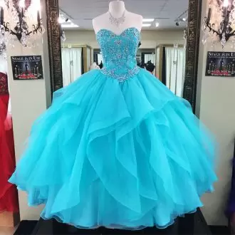 Ball Gowns Sweet 16 Dresses Aqua Blue Sweetheart Tulle Sleeveless Floor Length Lace Up