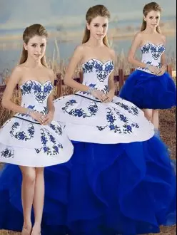 Charming Royal Blue Sleeveless Floor Length Embroidery and Ruffles and Bowknot Lace Up Quince Ball Gowns Sweetheart