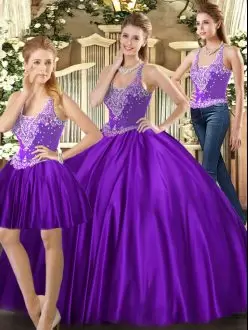 Purple Sleeveless Beading Floor Length Quinceanera Gowns