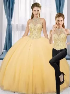 Floor Length Two Pieces Sleeveless Gold Sweet 16 Quinceanera Dress Lace Up