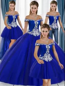 Fashion Off The Shoulder Sleeveless Lace Up Quince Ball Gowns Royal Blue Tulle Appliques