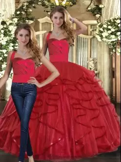 Attractive Floor Length Red Quinceanera Dress Straps Sleeveless Lace Up