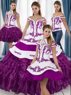 Organza Off The Shoulder Sleeveless Lace Up Embroidery and Ruffled Layers Quinceanera Gown in White And Purple