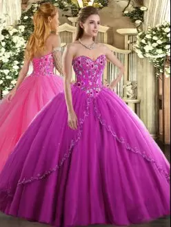 Glittering Ball Gowns Sleeveless Fuchsia Sweet 16 Quinceanera Dress Brush Train Lace Up