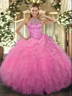 Floor Length Rose Pink Quinceanera Dress Halter Top Sleeveless Lace Up