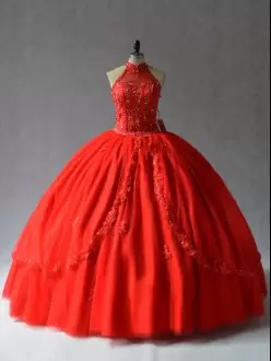 Extravagant Red Sleeveless Appliques Floor Length Sweet 16 Dress