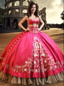 Superior Hot Pink Taffeta Lace Up Sweetheart Sleeveless Floor Length Quinceanera Gown Beading and Embroidery