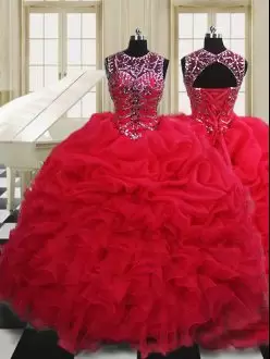Popular Floor Length Red 15 Quinceanera Dress Organza Sleeveless Beading and Pick Ups