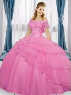 Rose Pink Ball Gowns Tulle Off The Shoulder Short Sleeves Beading and Ruffled Layers Floor Length Lace Up Sweet 16 Quinceanera Dress