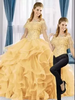 Noble Off The Shoulder Sleeveless Lace Up Quince Ball Gowns Gold Organza Beading and Ruffles