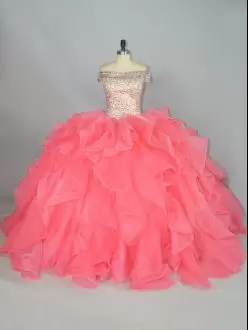 Off The Shoulder Sleeveless Quinceanera Dresses Floor Length Beading and Ruffles Watermelon Red Organza