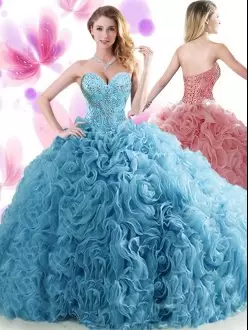 Blue Organza Lace Up Sweetheart Sleeveless Quinceanera Dress Brush Train Beading and Ruffles