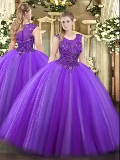 Graceful Tulle Scoop Sleeveless Zipper Beading Sweet 16 Dress in Eggplant Purple