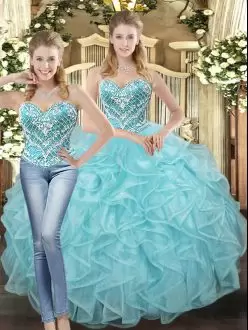 Top Selling Baby Blue Tulle Lace Up Sweet 16 Dress Sleeveless Floor Length Beading and Ruffles