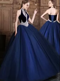 Ball Gowns Sweet 16 Dress Navy Blue Halter Top Tulle Sleeveless Floor Length Lace Up