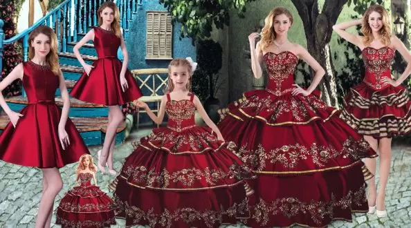 Fashion Wine Red Sweetheart Lace Up Embroidery and Ruffled Layers Vestidos de Quinceanera Sleeveless