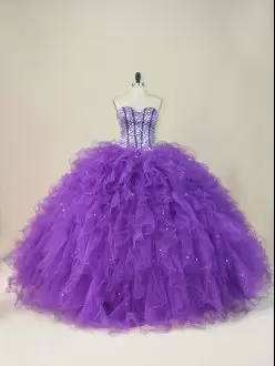 Inexpensive Sweetheart Sleeveless Lace Up Quinceanera Gown Purple Tulle Beading and Ruffles