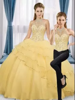 Attractive Gold Tulle Lace Up High-neck Sleeveless Floor Length Ball Gown Prom Dress Beading