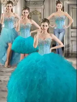 Suitable Floor Length Aqua Blue Sweet 16 Quinceanera Dress Tulle Sleeveless Beading and Ruffles