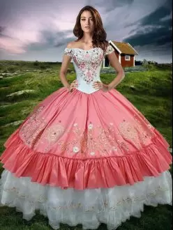 Puffy Skirt Watermelon Red Quinceanera Gown Off The Shoulder Sleeveless Lace Up