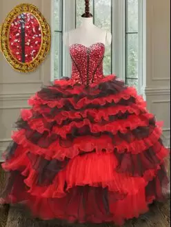 Cheap Red And Black Ball Gowns Beading Ball Gown Prom Dress Lace Up Organza Sleeveless Floor Length