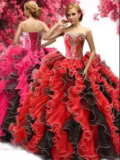 Sweetheart Sleeveless Lace Up Quinceanera Dresses Red And Black Organza Beading and Ruffles
