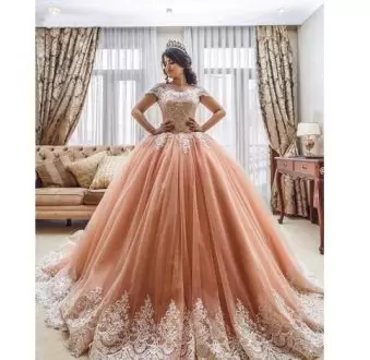 Peach Off The Shoulder Appliques 15th Birthday Dress Tulle Cap Sleeves Court Train