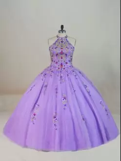 Tulle Halter Top Sleeveless Brush Train Lace Up Beading and Embroidery Quinceanera Gown in Lavender