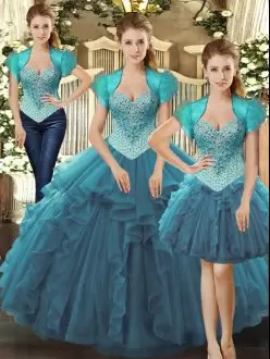 Three Pieces Detachable Teal Ruffled Sweet 16 Quinceanera Dress with Jacket