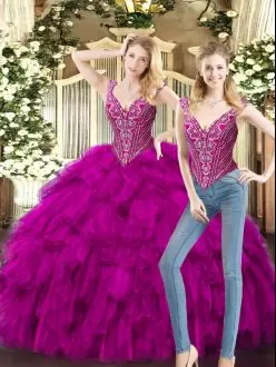 Ideal Floor Length Lace Up Quince Ball Gowns Fuchsia for Military Ball and Sweet 16 and Quinceanera with Beading and Ruffles