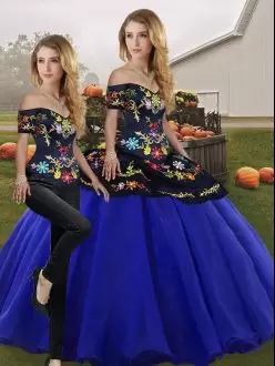 Pretty Royal Blue Two Pieces Off The Shoulder Sleeveless Tulle Floor Length Lace Up Embroidery Quinceanera Dresses