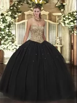 Superior Floor Length Black Ball Gown Prom Dress Tulle Sleeveless Beading
