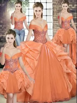 Fashionable Orange Lace Up Quinceanera Dresses Beading and Ruffles Sleeveless Floor Length