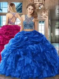 Suitable Royal Blue Criss Cross Scoop Beading and Ruffles and Pick Ups 15 Quinceanera Dress Organza Sleeveless