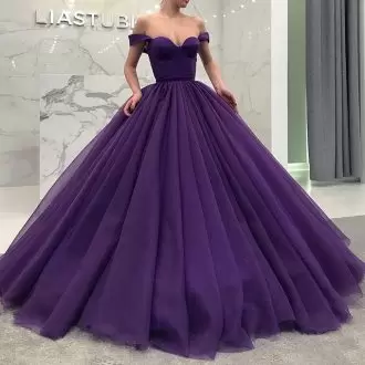 Inexpensive Purple Sleeveless Floor Length Ruching Lace Up 15th Birthday Dress Off The Shoulder