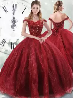 Elegant Wine Red Tulle Lace Up Sweet 16 Quinceanera Dress Sleeveless Brush Train Beading