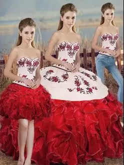 Free and Easy White And Red Three Pieces Organza Sweetheart Sleeveless Embroidery and Ruffles and Bowknot Floor Length Lace Up Sweet 16 Quinceanera Dress