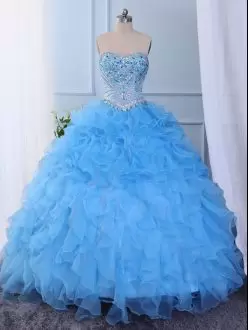 Floor Length Baby Blue 15th Birthday Dress Organza Sleeveless Beading and Embroidery and Ruffled Layers